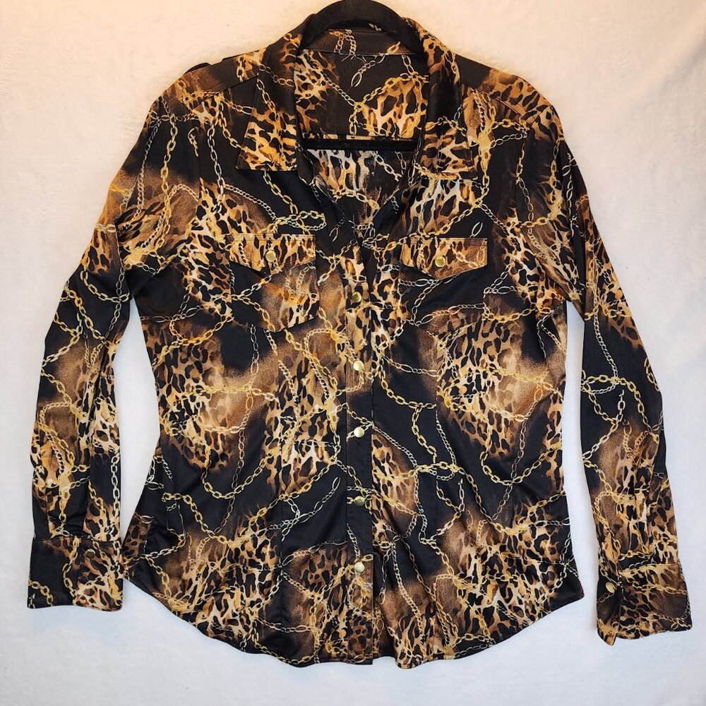 Miss Tina Safari Button Down Top Wm Sz XL Gold Chains Snap Buttons